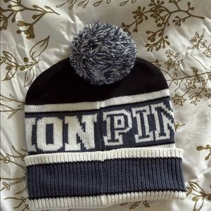 PINK Victoria's Secret Black and White Pom Pom Beanie